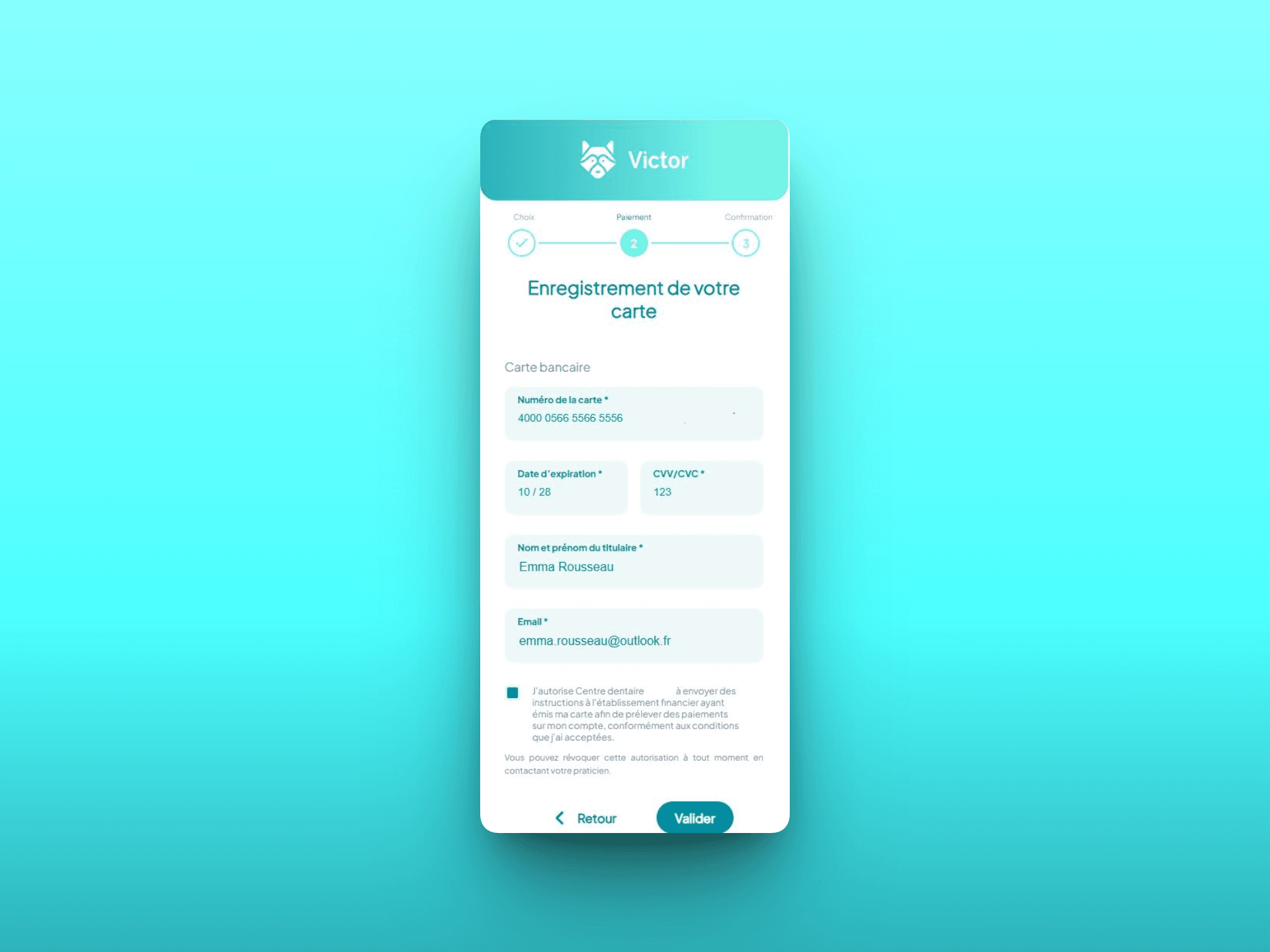 Vue patient sur smartphone : enregistrement de la carte bancaire pour un paiement récurrent